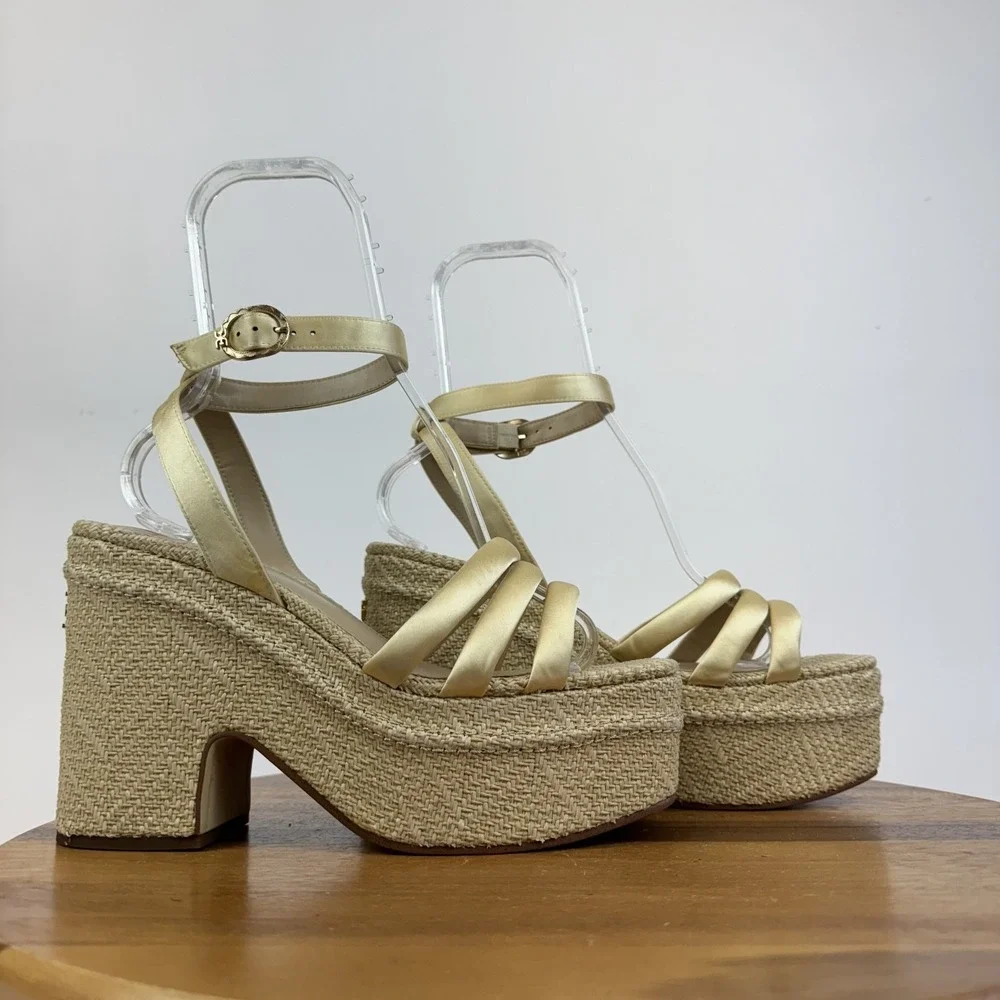 Womens Sam Edelman Tibby Gold Satin Wedge Heeled Sandals‎ Shoes Size 10.5 M GUC